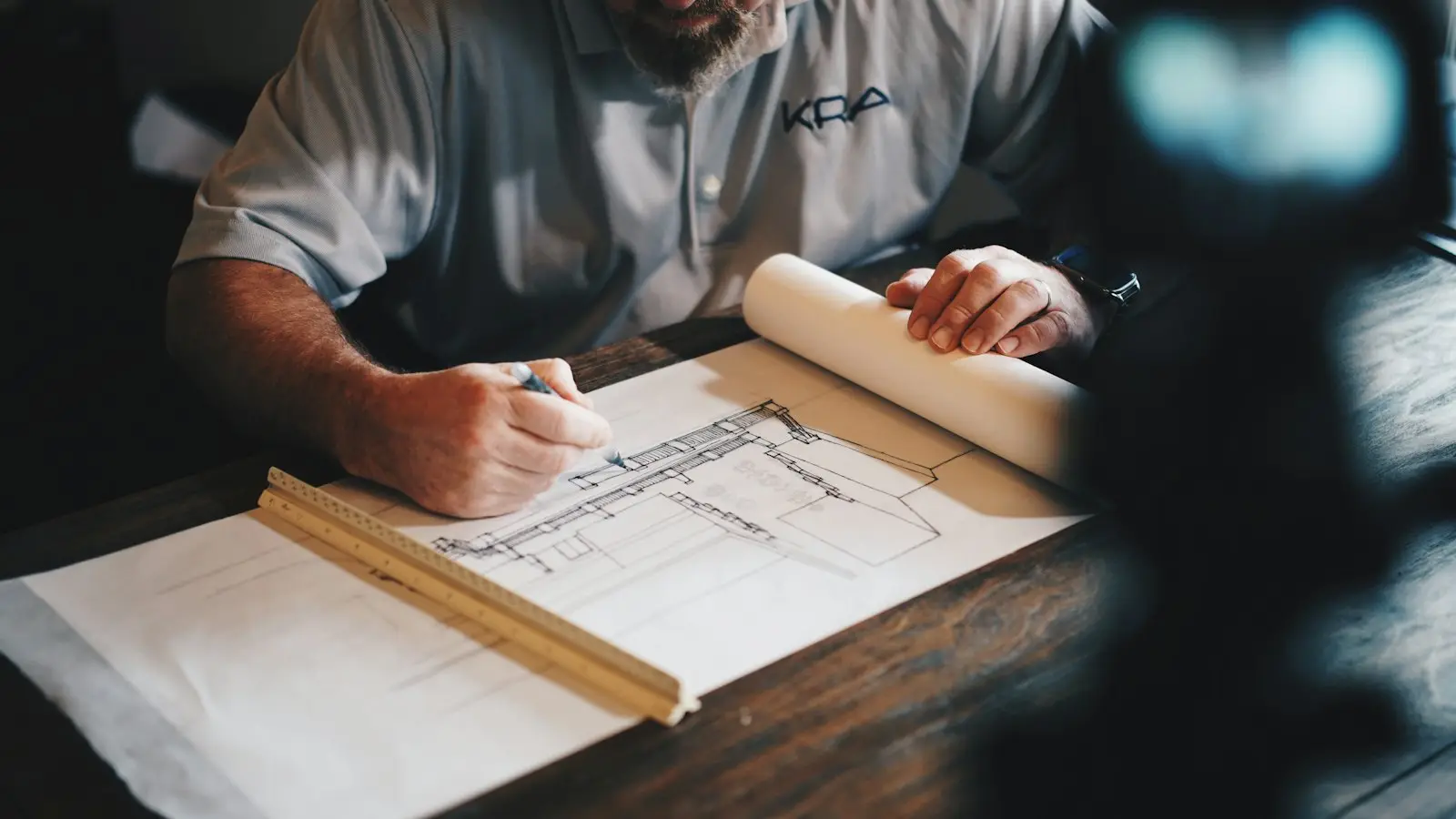 مخططات هندسية على طاولة العمل